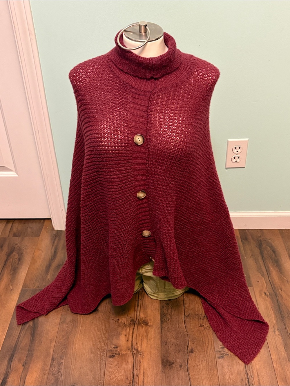 Turtleneck Button-Front Knit Poncho in Burgundy